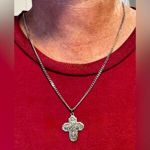 4 Way Cross Medal Stainless Steel 24” With Continuous Cuban Link Chain Necklace